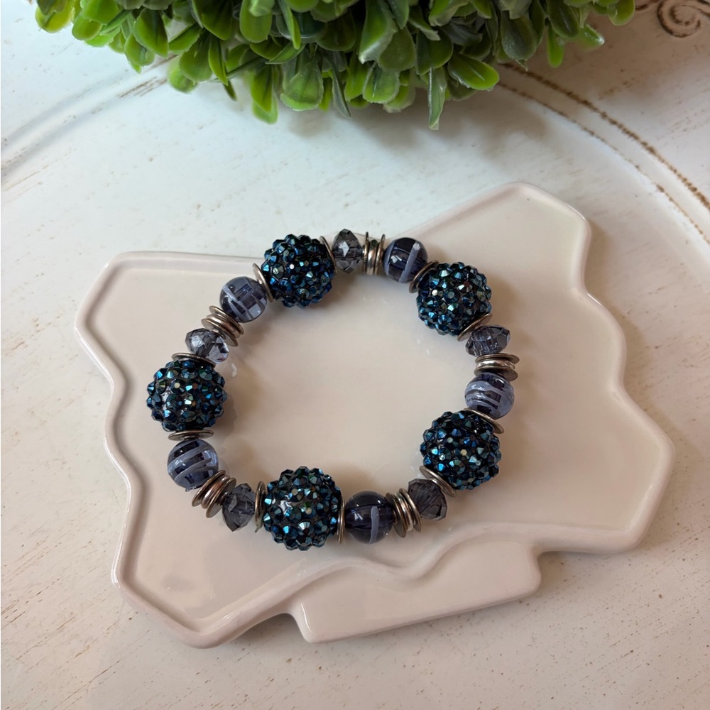 Blue and Silver Beaded Stretch Bracelet